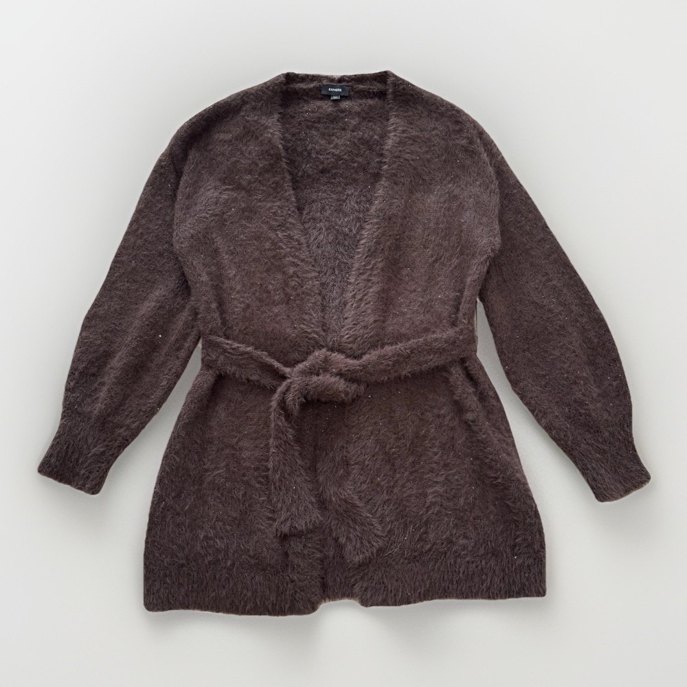 EXPRESS VTG Sequin Balloon Sleeve Belted Brown Cardigan Sweater Women's XS Y2K‎